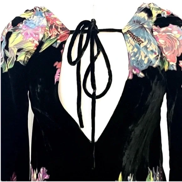Free People Velvet Black Floral Design Long Sleeve Mini Dress Size XS - Picture 9 of 13